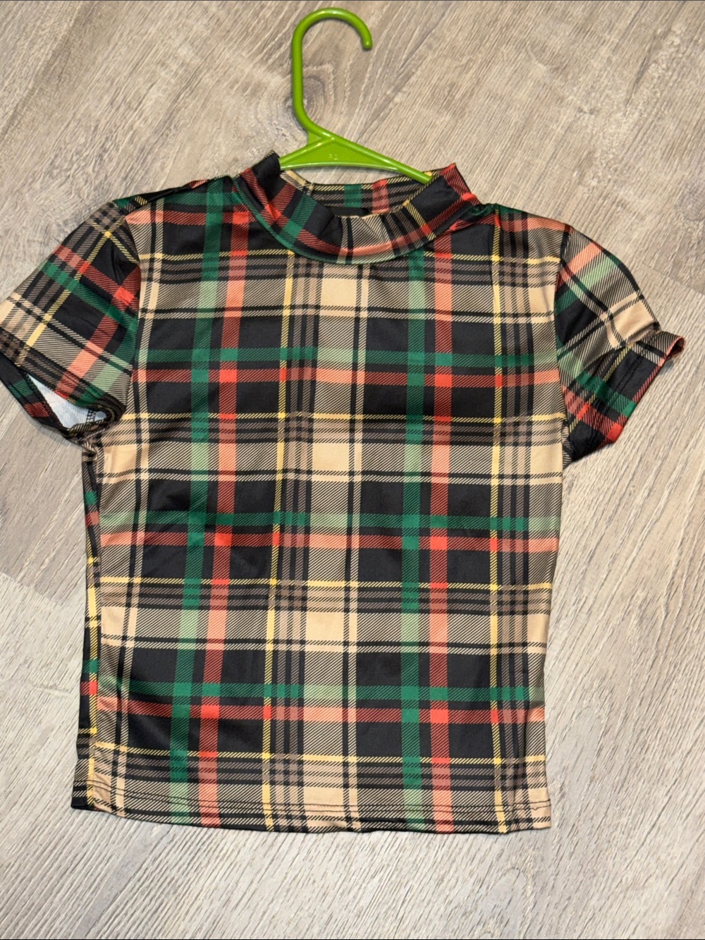 Plaid Short-Sleeve Top in Beige, Black, Red & Green